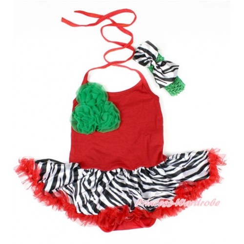 Red Baby Bodysuit Halter Jumpsuit Red Zebra Pettiskirt With Bunch of Kelly Green Rosettes With Green Headband Zebra Satin Bow JS1633 