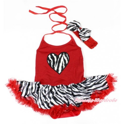 Red Baby Bodysuit Halter Jumpsuit Red Zebra Pettiskirt With Zebra Heart Print With Red Headband Zebra Satin Bow JS1634 