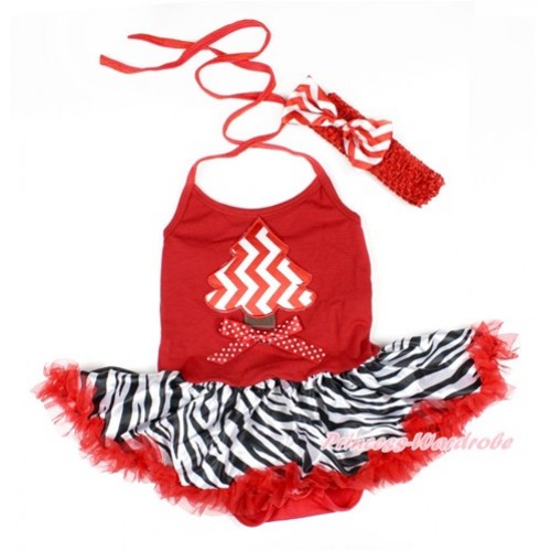 Xmas Red Baby Bodysuit Halter Jumpsuit Red Zebra Pettiskirt With Red White Wave Christmas Tree Print & Minnie Dots Bow With Red Headband Red White Wave Satin Bow JS1638 