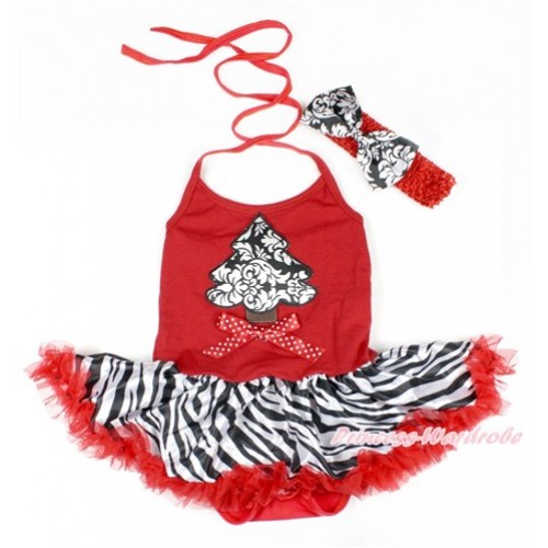 Xmas Red Baby Bodysuit Halter Jumpsuit Red Zebra Pettiskirt With Damask Christmas Tree Print & Minnie Dots Bow With Red Headband Damask Satin Bow JS1639 