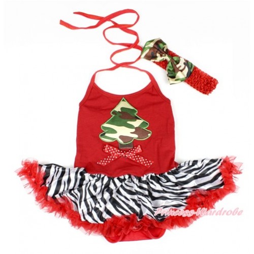 Xmas Red Baby Bodysuit Halter Jumpsuit Red Zebra Pettiskirt With Camouflage Christmas Tree Print & Minnie Dots Bow With Red Headband Camouflage Satin Bow JS1640 