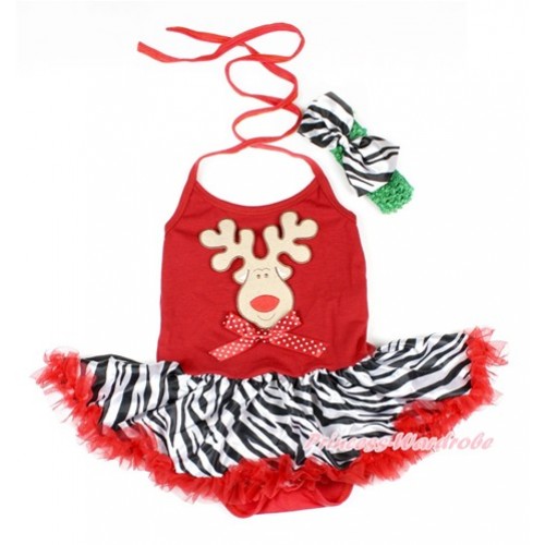 Xmas Red Baby Bodysuit Halter Jumpsuit Red Zebra Pettiskirt With Christmas Reindeer Print & Minnie Dots Bow With Green Headband Zebra Satin Bow JS1643 