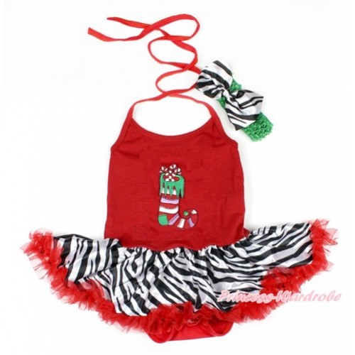 Xmas Red Baby Bodysuit Halter Jumpsuit Red Zebra Pettiskirt With Christmas Stocking Print With Green Headband Zebra Satin Bow JS1644 