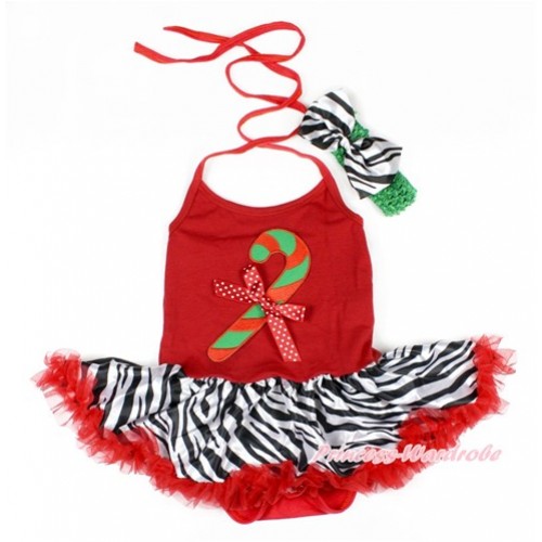 Xmas Red Baby Bodysuit Halter Jumpsuit Red Zebra Pettiskirt With Christmas Stick Print & Minnie Dots Bow With Green Headband Zebra Satin Bow JS1645 