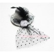 Black Feather and Polka Dots net Sparkle Silver Hat Clip with White Rose H149 