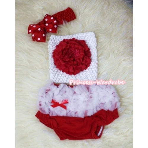 Red Peony and White Crochet Tube Top, Red Headband with Red White Polka Dots Bow, White Ruffles Hot Red Panties Bloomers 3PC Set CT289 