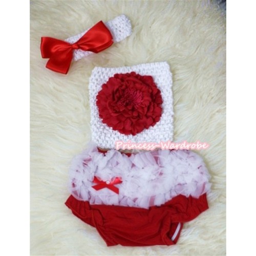 Red Peony and White Crochet Tube Top, White Headband with Red Bow, White Ruffles Hot Red Panties Bloomers 3PC Set CT290 