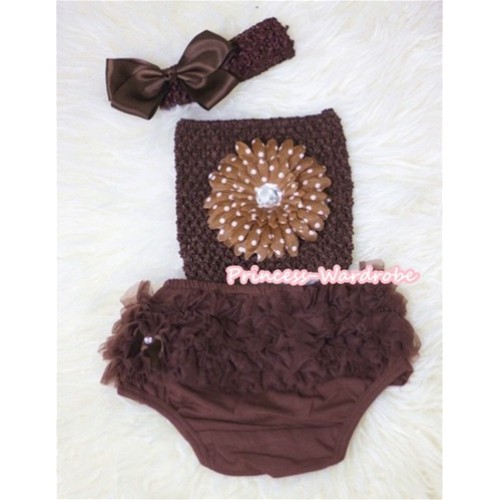 Brown White Polka Dots Flower and Brown Crochet Tube Top, Brown Headband with Bow, Brown Pettiskirt Ruffles Panties Bloomers 3PC Set CT291 
