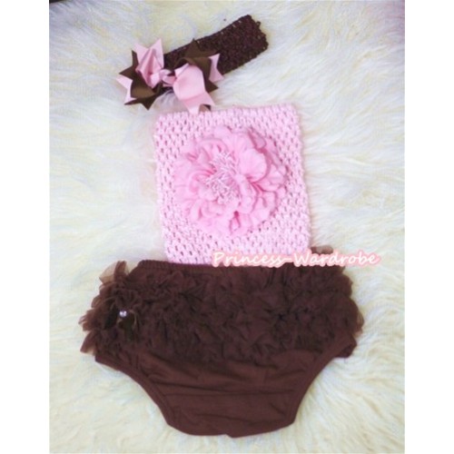 Light Pink Peony and Crochet Tube Top, Brown Headband with Brown Light Pink Bow, Brown Pettiskirt Ruffles Panties Bloomers 3PC Set CT294 