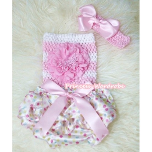 Light Pink Peony and White Light Pink Striped Crochet Tube Top, Light Pink Headband and Bow, White Rainbow Polka Dots Panties Bloomers 3PC Set CT297 