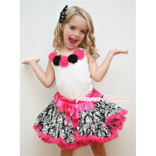 White Tank Tops with Hot Pink Black Rosettes & Hot Pink Damask Pettiskirt MG090 