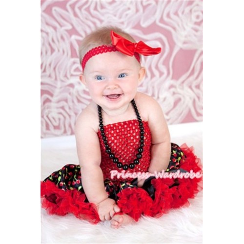 Red Crochet Tube Top with Pure Black Plastic Bead Necklace & Red Black Cherry Print Baby Pettiskirt 3PC Set CT301 