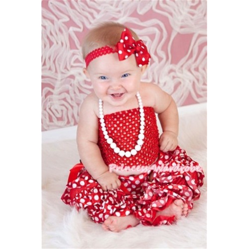 Red Crochet Tube Top with Pure White Plastic Bead Necklace, Minnie Panties Bloomer and Leg Warmer 4PC Set CT302 