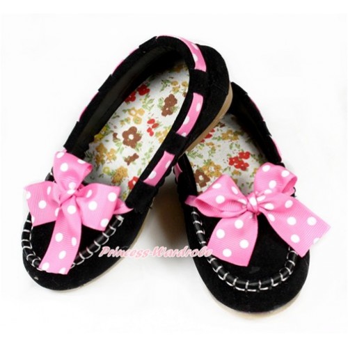 Black Hot Pink White Dots Ribbon Bow Slip Deck Boat Girl Shoes EXS-633Black 