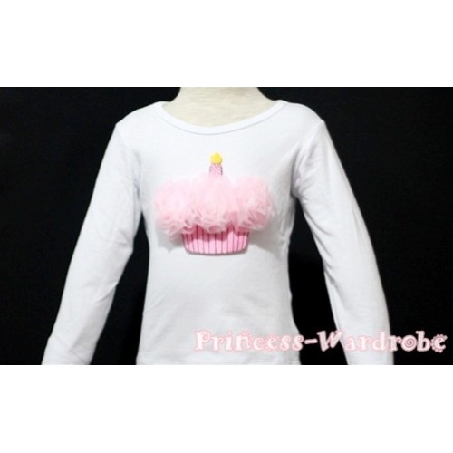 Light Pink White Mixed Birthday Cake White Long Sleeves Top T113 