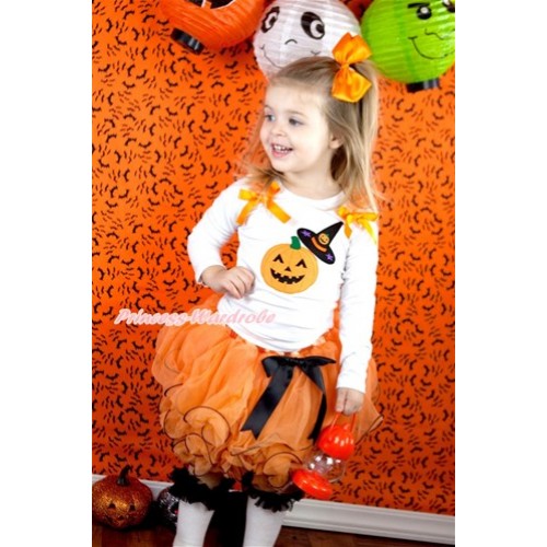 Halloween Black Bow Orange Petal Pettiskirt with Matching White Long Sleeve Top with Orange Ruffles & Orange Bow & Pumpkin Witch Hat & Pumpkin Print MW340 