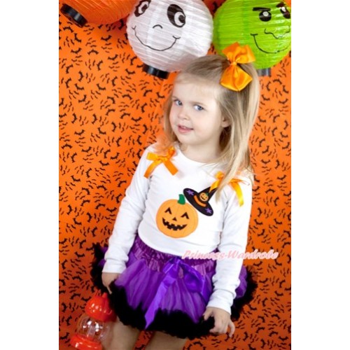 Halloween White Long Sleeve Top with Orange Ruffles & Orange Bows & Pumpkin Witch Hat & Pumpkin Print With Dark Purple Feather Pettiskirt MW342 