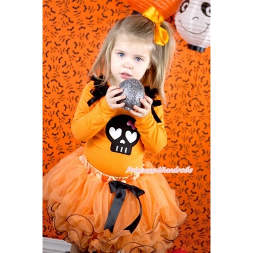 Halloween Orange Long Sleeve Top with Black Ruffles & Black Bows & Black Skeleton Print With Black Bow Orange Petal Pettiskirt MW347 