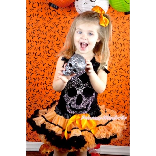 Halloween Black Tank Top with Sparkle Crystal Glitter Skeleton Print with Orange Ruffles & Black Bow & Black Orange Trim Pettiskirt MG758 