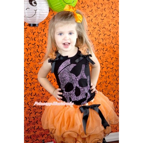 Halloween Black Tank Top With Orange Ruffles & Black Bows & Sparkle Crystal Glitter Skeleton Print With Black Bow Orange Petal Pettiskirt MG759 