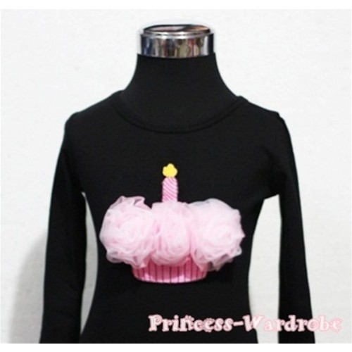 Light Pink White Mixed Birthday Cake Black Long Sleeves Top T157 