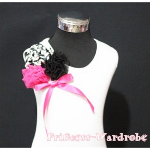White Tank Top with a Bunch of Zebra Hot Pink Black Rosettes and Hot Pink Bow TB101 