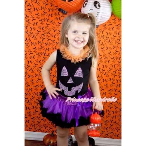 Halloween Black Baby Pettitop with Orange Chiffon Lacing & Sparkle Crystal Glitter Pumpkin Print with Dark Purple Feather Newborn Pettiskirt NG1248 