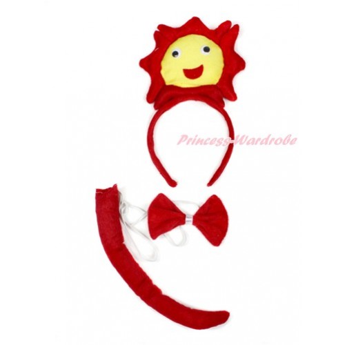 Hot Red Bright Sun 3 Piece Set in Ear Headband, Tie, Tail PC058 
