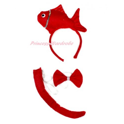 Hot Red Sea Fish 3 Piece Set in Ear Headband, Tie, Tail PC059 