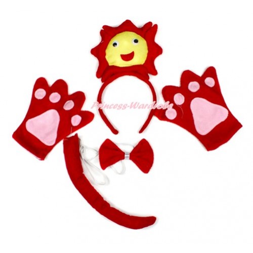 Hot Red Bright Sun 4 Piece Set in Ear Headband, Tie, Tail , Paw PC061 