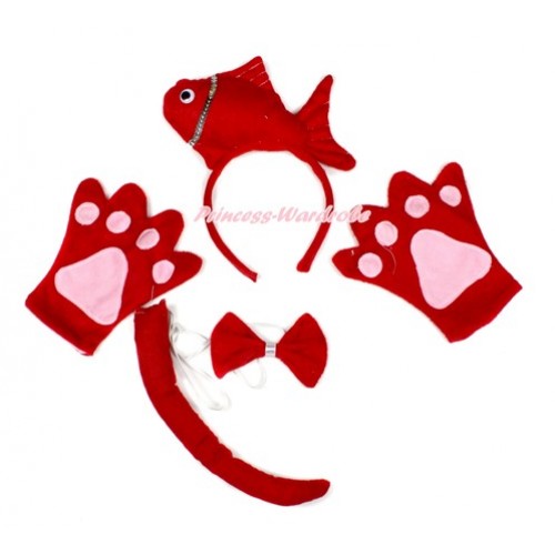 Hot Red Sea Fish 4 Piece Set in Ear Headband, Tie, Tail , Paw PC062 