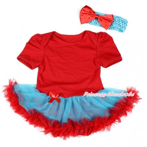 Hot Red Baby Bodysuit Jumpsuit Peacock Blue Red Pettiskirt With Peacock Blue Headband Red Satin Bow JS1739 