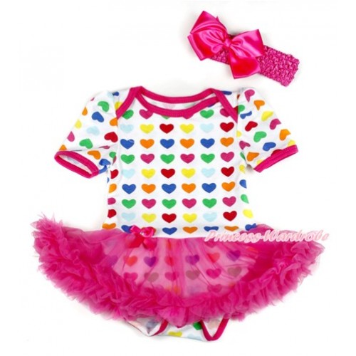 Rainbow Heart Baby Bodysuit Jumpsuit Hot Pink Pettiskirt With Hot Pink Headband Hot Pink Silk Bow JS1741 