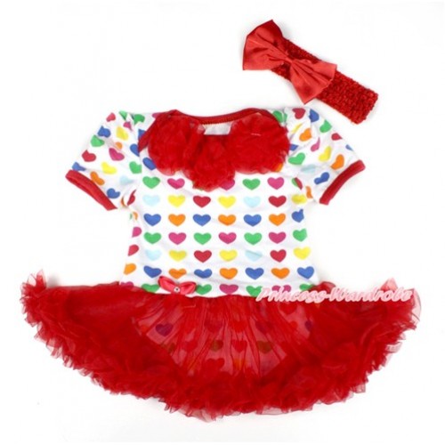 Rainbow Heart Baby Bodysuit Jumpsuit Red Pettiskirt With Red Rosettes With Red Headband Red Satin Bow JS1743 