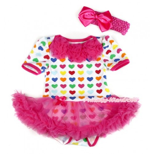 Rainbow Heart Baby Bodysuit Jumpsuit Hot Pink Pettiskirt With Hot Pink Rosettes With Hot Pink Headband Hot Pink Silk Bow JS1745 
