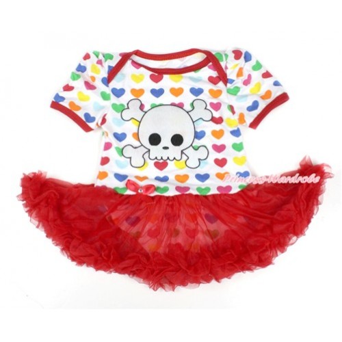 Halloween Rainbow Heart Baby Bodysuit Jumpsuit Red Pettiskirt with White Skeleton Print JS1671 