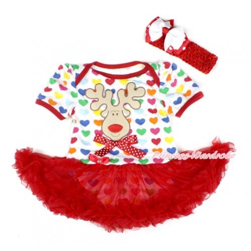 Xmas Rainbow Heart Baby Bodysuit Jumpsuit Red Pettiskirt With Christmas Reindeer Print & Minnie Dots Bow With Red Headband White & Red White Dots Ribbon Bow JS1747 