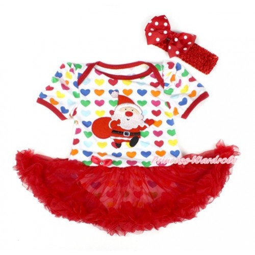 Xmas Rainbow Heart Baby Bodysuit Jumpsuit Red Pettiskirt With Gift Bag Santa Claus Print With Red Headband Red White Dots Ribbon Bow JS1752 