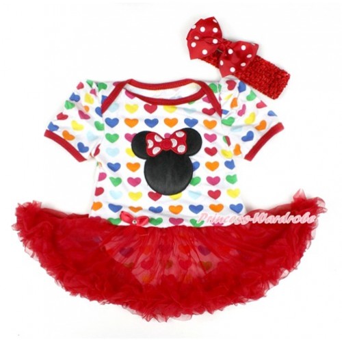 Rainbow Heart Baby Bodysuit Jumpsuit Red Pettiskirt With Minnie Print With Red Headband Red White Dots Ribbon Bow JS1753 