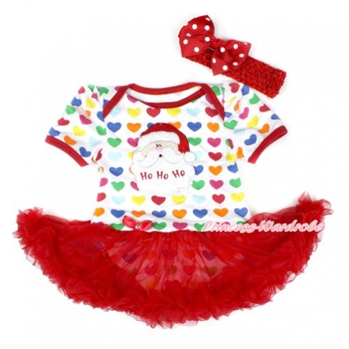Xmas Rainbow Heart Baby Bodysuit Jumpsuit Red Pettiskirt With Santa Claus Print With Red Headband Red White Dots Ribbon Bow JS1754 
