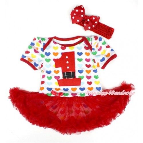 Xmas Rainbow Heart Baby Bodysuit Jumpsuit Red Pettiskirt With 1st Santa Claus Birthday Number Print With Red Headband Red White Dots Ribbon Bow JS1755 