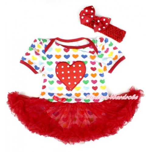 Rainbow Heart Baby Bodysuit Jumpsuit Red Pettiskirt With Red White Dots Heart Print With Red Headband Red White Dots Ribbon Bow JS1756 