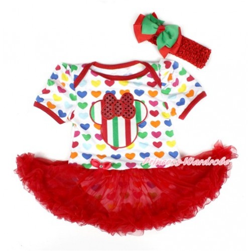 Xmas Rainbow Heart Baby Bodysuit Jumpsuit Red Pettiskirt With Red White Green Striped Minnie Print With Red Headband Green Red Ribbon Bow JS1757 