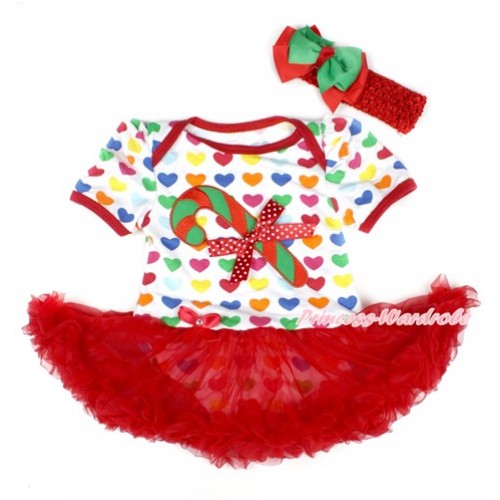 Xmas Rainbow Heart Baby Bodysuit Jumpsuit Red Pettiskirt With Christmas Stick Print & Minnie Dots Bow With Red Headband Green Red Ribbon Bow JS1758 