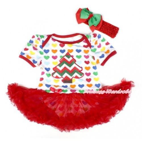 Xmas Rainbow Heart Baby Bodysuit Jumpsuit Red Pettiskirt With Red White Green Wave Christmas Tree Print With Red Headband Green Red Ribbon Bow JS1759 