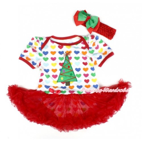 Xmas Rainbow Heart Baby Bodysuit Jumpsuit Red Pettiskirt With Christmas Tree Print With Red Headband Green Red Ribbon Bow JS1760 