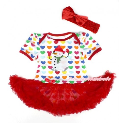 Xmas Rainbow Heart Baby Bodysuit Jumpsuit Red Pettiskirt With Ice-Skating Snowman Print With Red Headband Red Satin Bow JS1762 