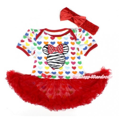 Rainbow Heart Baby Bodysuit Jumpsuit Red Pettiskirt With Sparkle Red Zebra Minnie Print With Red Headband Red Satin Bow JS1763 