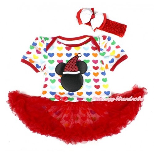 Xmas Rainbow Heart Baby Bodysuit Jumpsuit Red Pettiskirt With Christmas Minnie Print With Red Headband White Red Ribbon Bow JS1765 