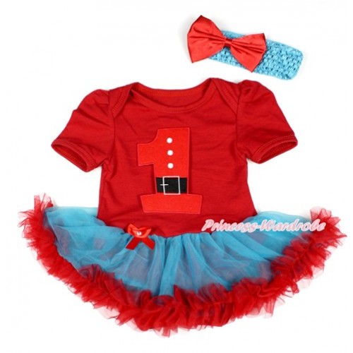 Xmas Red Baby Bodysuit Jumpsuit Peacock Blue Red Pettiskirt With 1st Santa Claus Birthday Number Print With Peacock Blue Headband Red Satin Bow JS1768 